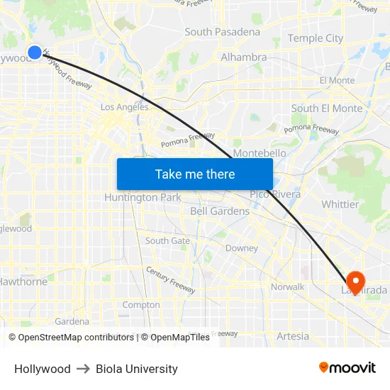 Hollywood to Biola University map