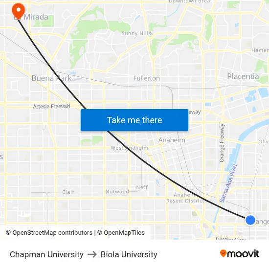 Chapman University to Biola University map
