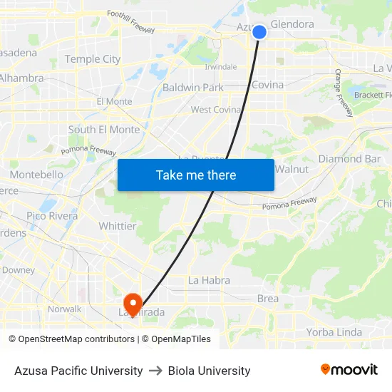 Azusa Pacific University to Biola University map