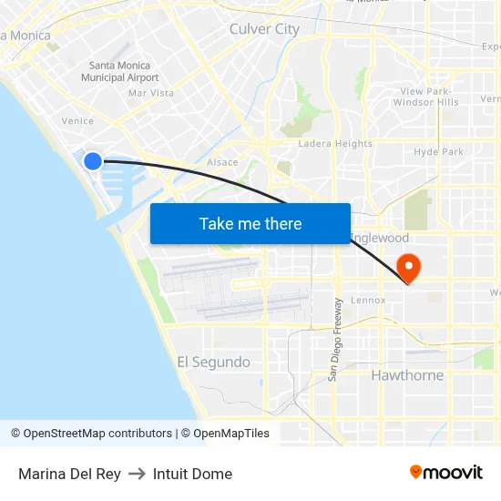 Marina Del Rey to Intuit Dome map