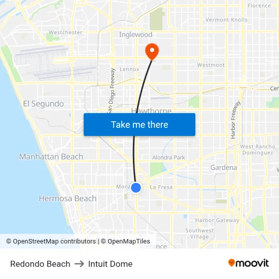 Redondo Beach to Intuit Dome map