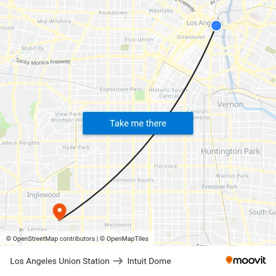 Los Angeles Union Station to Intuit Dome map