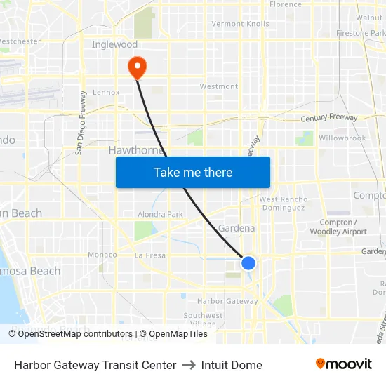 Harbor Gateway Transit Center to Intuit Dome map