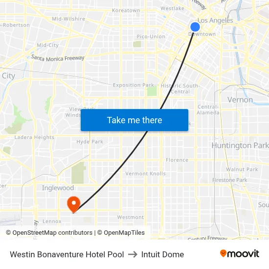 Westin Bonaventure Hotel Pool to Intuit Dome map