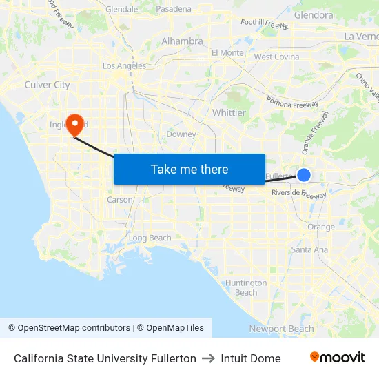 California State University Fullerton to Intuit Dome map