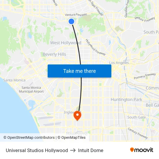 Universal Studios Hollywood to Intuit Dome map