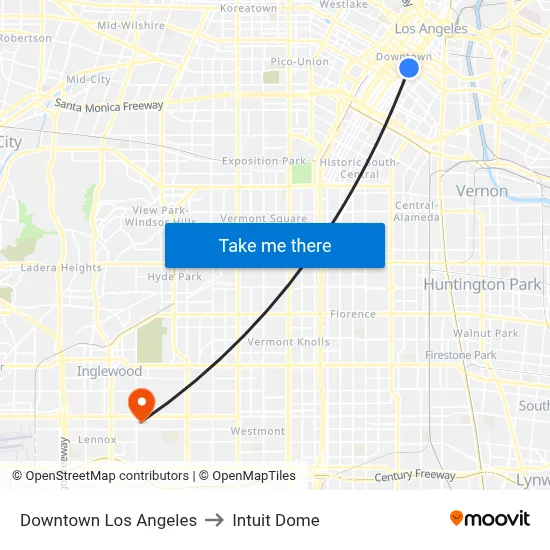 Downtown Los Angeles to Intuit Dome map