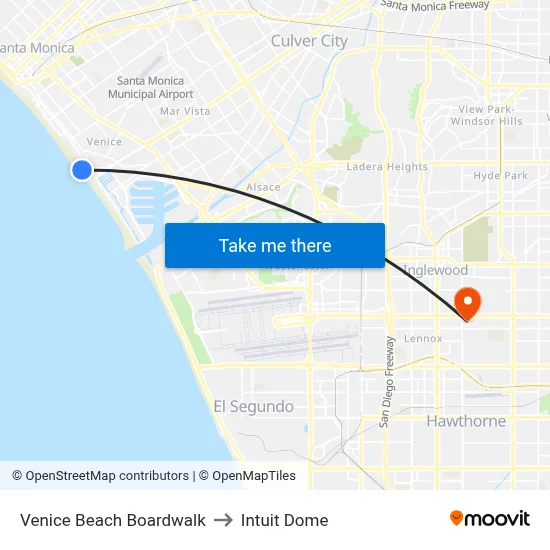 Venice Beach Boardwalk to Intuit Dome map