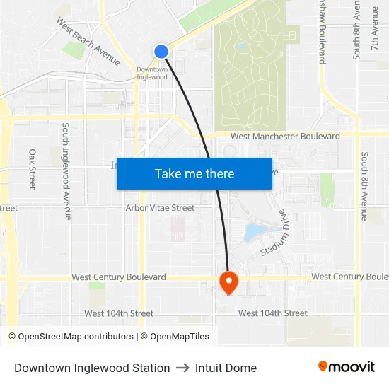 Downtown Inglewood Station to Intuit Dome map