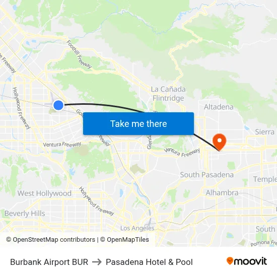 Burbank Airport BUR to Pasadena Hotel & Pool map