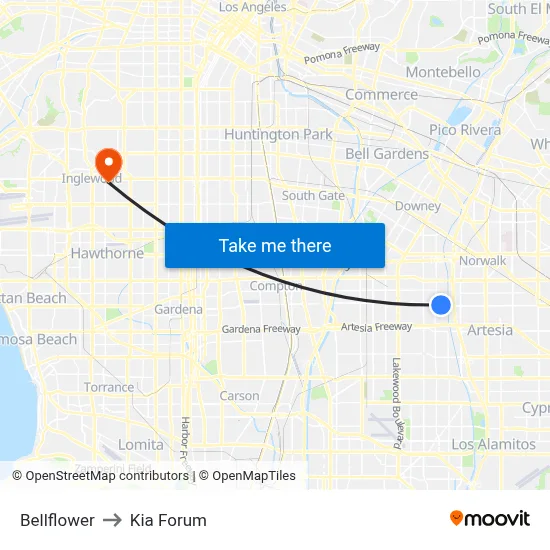 Bellflower to Kia Forum map