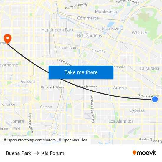 Buena Park to Kia Forum map