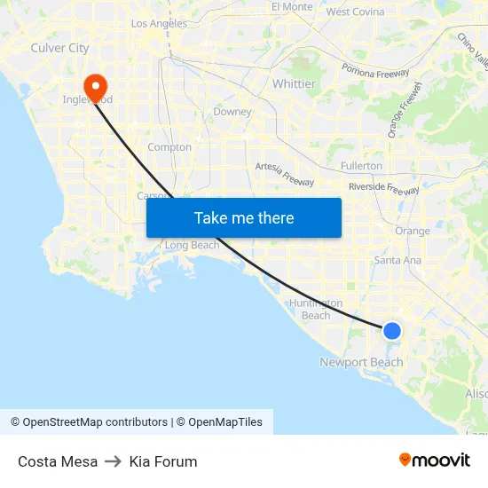 Costa Mesa to Kia Forum map