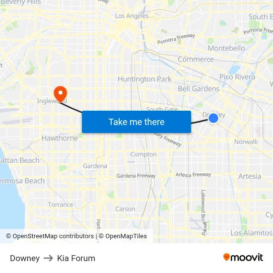 Downey to Kia Forum map