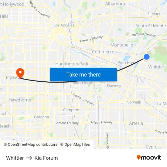 Whittier to Kia Forum map