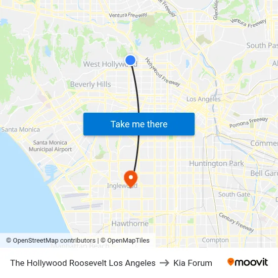 The Hollywood Roosevelt Los Angeles to Kia Forum map