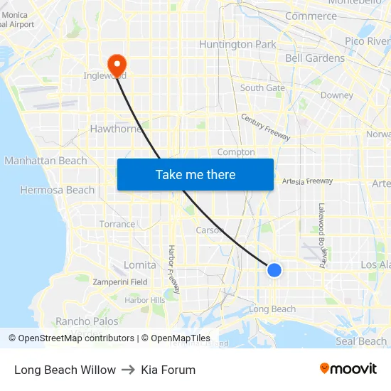 Long Beach Willow to Kia Forum map