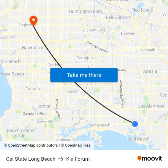 Cal State Long Beach to Kia Forum map