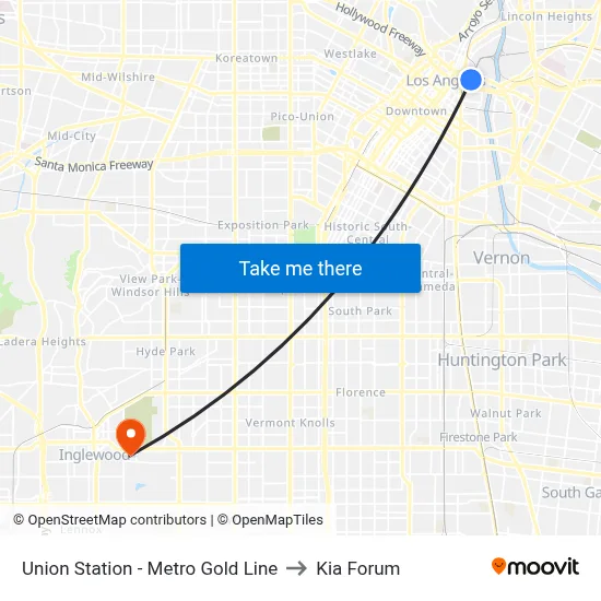 Union Station - Metro Gold Line to Kia Forum map
