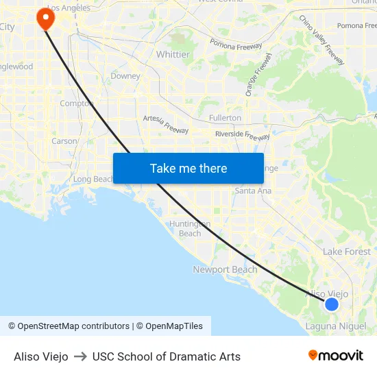 Aliso Viejo to USC School of Dramatic Arts map