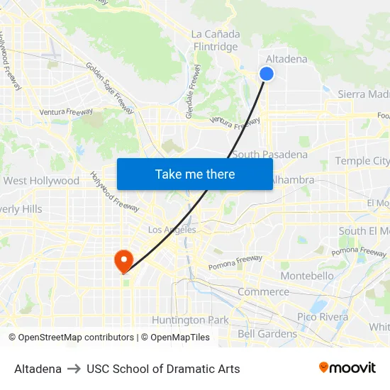 Altadena to USC School of Dramatic Arts map