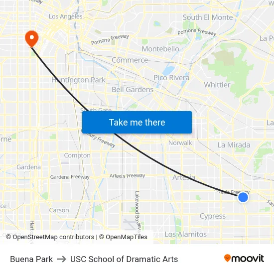 Buena Park to USC School of Dramatic Arts map