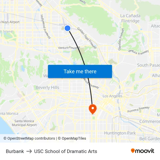 Burbank to USC School of Dramatic Arts map