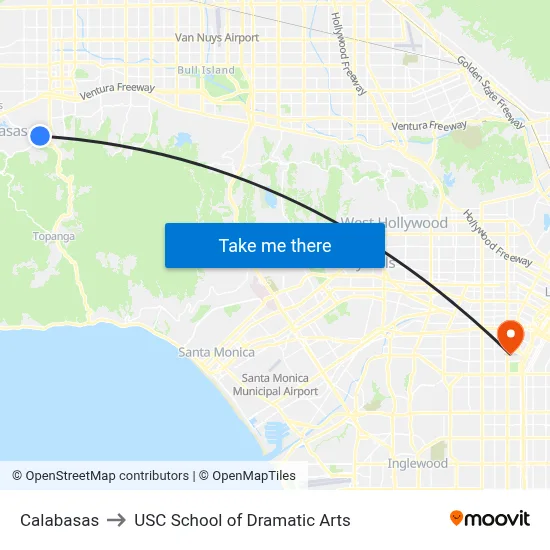 Calabasas to USC School of Dramatic Arts map