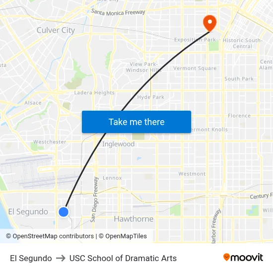 El Segundo to USC School of Dramatic Arts map