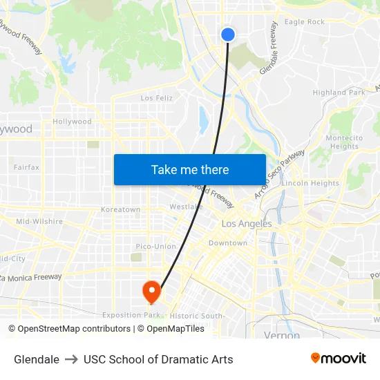 Glendale to USC School of Dramatic Arts map