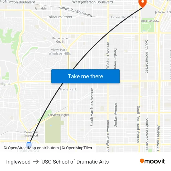 Inglewood to USC School of Dramatic Arts map