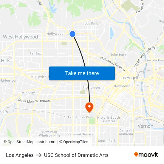 Los Angeles to USC School of Dramatic Arts map
