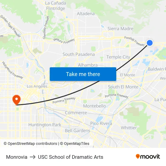 Monrovia to USC School of Dramatic Arts map