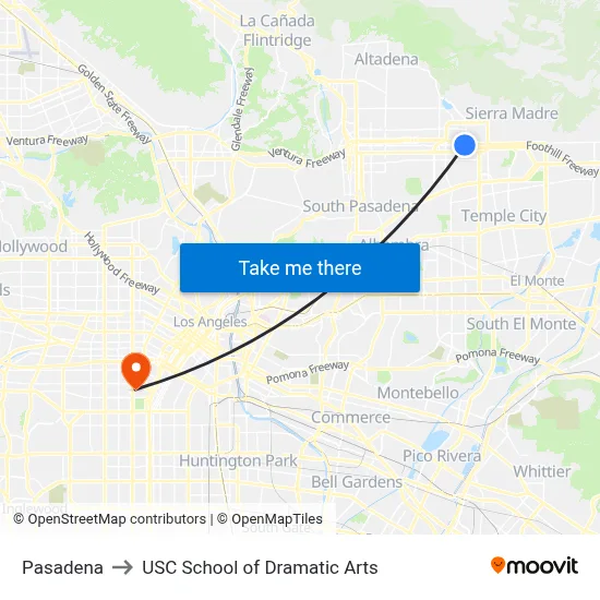 Pasadena to USC School of Dramatic Arts map
