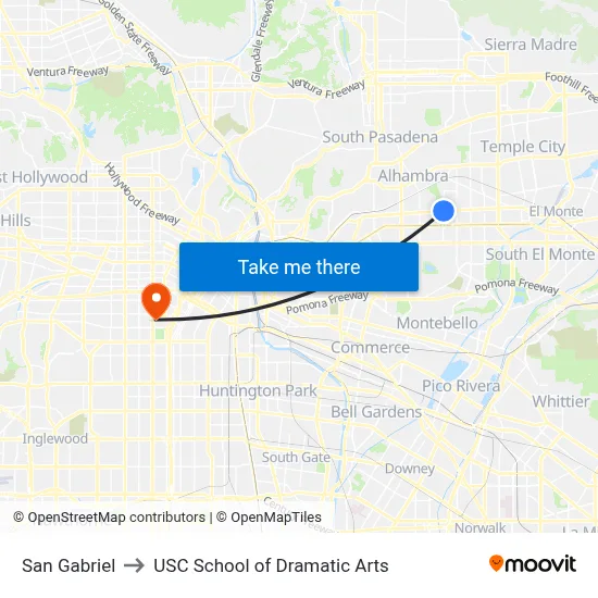 San Gabriel to USC School of Dramatic Arts map