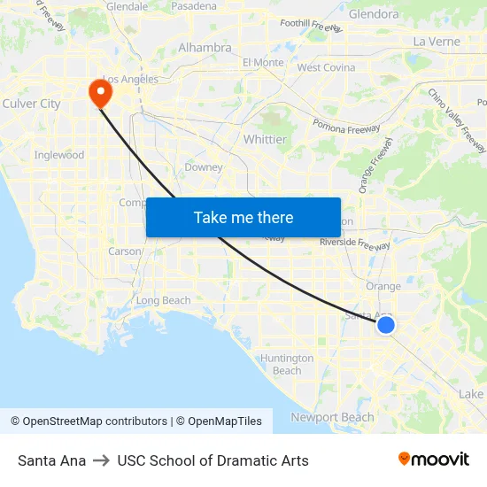 Santa Ana to USC School of Dramatic Arts map