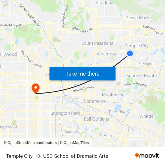 Temple City to USC School of Dramatic Arts map