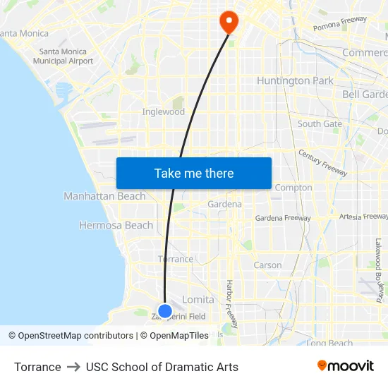 Torrance to USC School of Dramatic Arts map