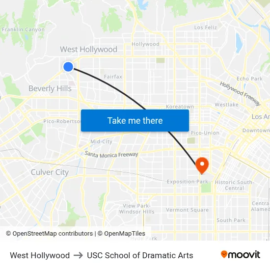West Hollywood to USC School of Dramatic Arts map