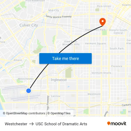 Westchester to USC School of Dramatic Arts map