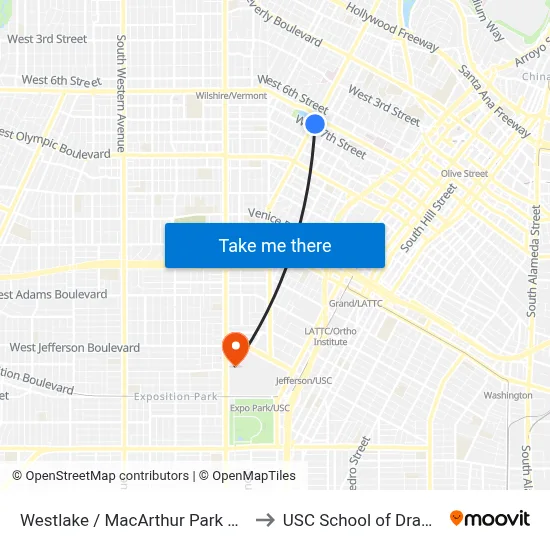 Westlake / MacArthur Park Metro Station to USC School of Dramatic Arts map