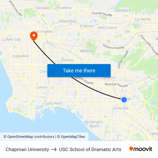Chapman University to USC School of Dramatic Arts map