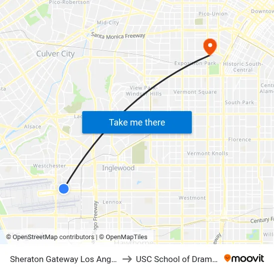 Sheraton Gateway Los Angeles Hotel to USC School of Dramatic Arts map