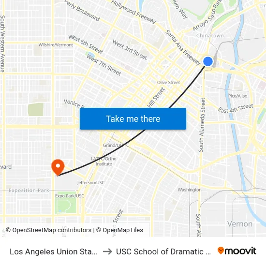 Los Angeles Union Station to USC School of Dramatic Arts map