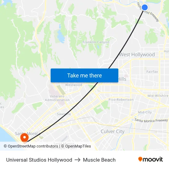 Universal Studios Hollywood to Muscle Beach map