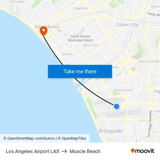 Los Angeles Airport LAX to Muscle Beach map