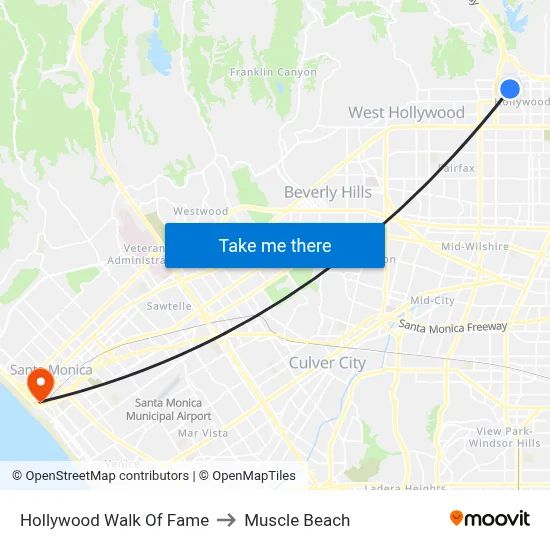 Hollywood Walk Of Fame to Muscle Beach map