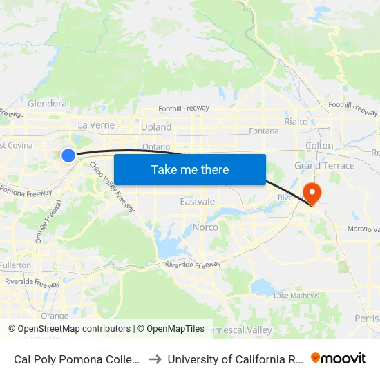 Cal Poly Pomona College of Engineering to University of California Riverside Extension map
