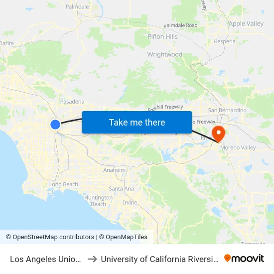 Los Angeles Union Station to University of California Riverside Extension map