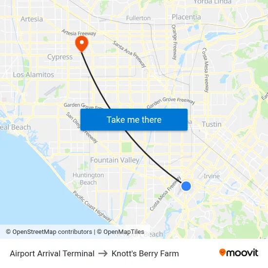Airport Arrival Terminal to Knott's Berry Farm map